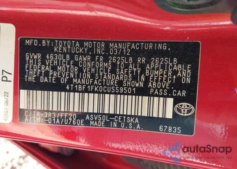 2012 Toyota Camry Se из США, поврежденный, VIN 4T1BF1FK0CU559501